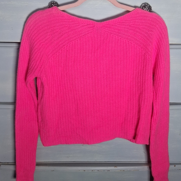 360 Cashmere XS Hot Neon Pink Cropped Chunky Knit Sweater Relaxed Boxy Luxury - Picture 2 of 9